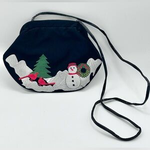 Vintage Christmas Fabric Purse Handmade Machine Embroidered Snowman Scene